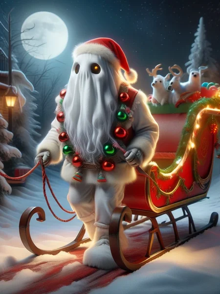 ral-santasleigh, a photorealistic ghost decorated and pulling Santas sleigh, the ghost is adorned with a festive colorful harness <lora:ral-santasleigh-sdxl:1>