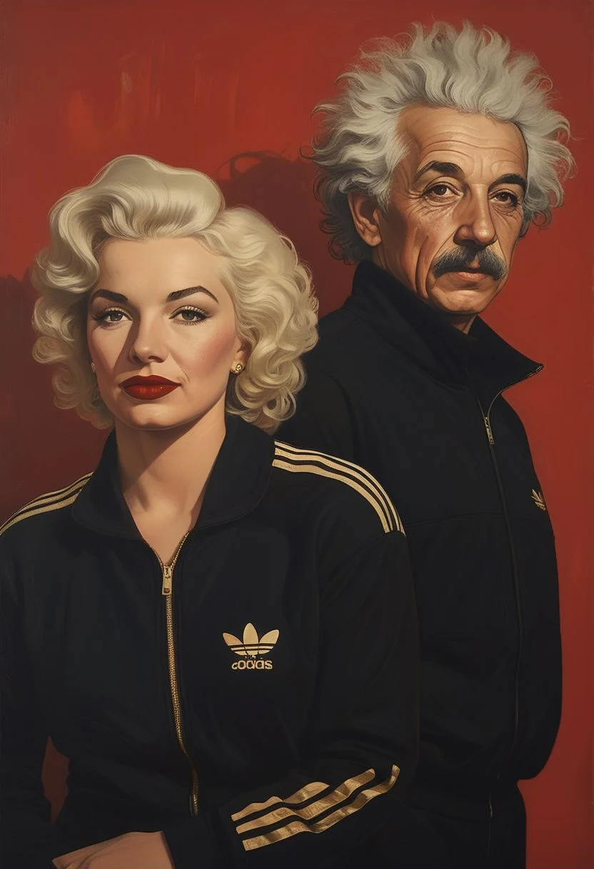 closeup portrait of 2 people, Marylin Monroe wearing a black and gold Adidas style tracksuit, Albert Einstein wearing a black and gold Adidas style tracksuit highly detailed, evocative, high contrast, redbackground