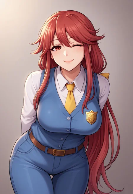 score_9, score_7_up, source_anime, source_cartoon, perfect face, EyesHD, BREAK, (illustration), intricately detailed illustration, Exquisite color design, (best quality, ultra detailed), smooth skin, high details, (1girls), mature female, beauty, thick thighs, big breasts,  kotohime (touhou), long hair, red hair, low-tied long hair, hair bow, yellow bow, red eyes, white shirt, collared shirt, long sleeves, yellow necktie, blue vest, brown belt, blue pants, hands behind back, bent forward, looking at viewer, wink, wide smile, closed mouth, simple background, police badge,