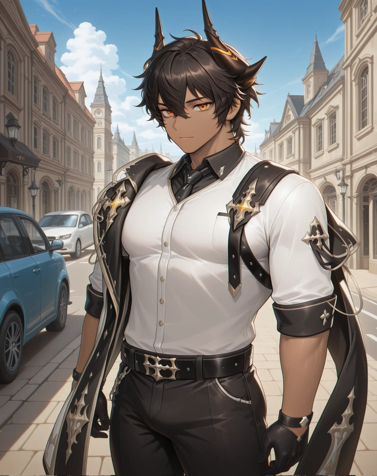 masterpiece,best quality,amazing quality, newest, very aesthetic, absurdres,
1boy, solo, yaoi, male focus, looking at viewer, cowboy shot, standing,
<lora:Sol_Bellium_Platoon:1> solbp, dragon horns, hair between eyes, dark-skinned male, dark skin, black hair,short hair, orange eyes,
white shirt, jeans, sneakers,
outdoors, day, blue sky, building, street, road, lamppost, car,