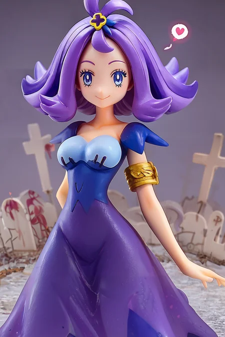 score_9, score_8_up, score_8, medium breasts, cute, eyelashes, figure, acerola (pokemon), purple hair, purple hair, topknot, flipped hair, collarbone, purple dress, stitches, multicolored dress, armlet, smile, looking at viewer, cowboy shot, medium breasts, curvy, narrow waist, graveyard, <lora:Acerola_Pokemon_P1:0.8>, <lora:Anime_Figure_P1:1>,