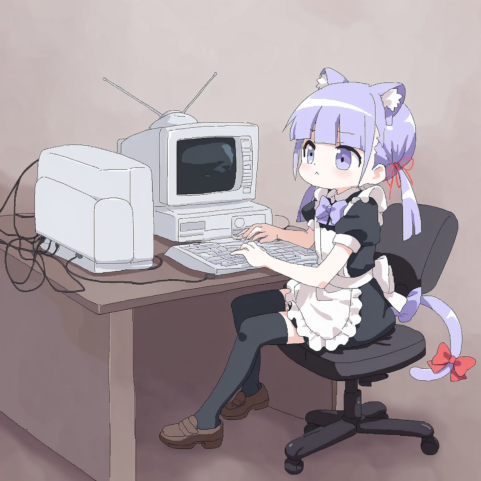 oekaki, lowres, lokulo-chan, low twintails, animal ear fluff, purple eyes, purble bowtie, collared shirt, puffy short sleeves, maid apron, black thighhighs, brown loafers, hair ribbon, tail bow, red bow, red ribbon, sitting, swivel chair, crt computer, typing, :<, solo, from side, desk