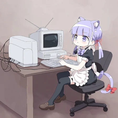 oekaki, lowres, lokulo-chan, low twintails, animal ear fluff, purple eyes, purble bowtie, collared shirt, puffy short sleeves, maid apron, black thighhighs, brown loafers, hair ribbon, tail bow, red bow, red ribbon, sitting, swivel chair, crt computer, typing, :<, solo, from side, desk