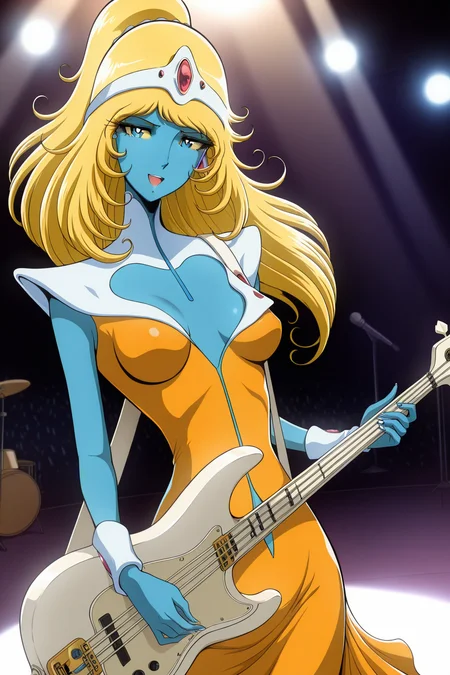 masterpiece, best quality, amazing quality, absurdres, solo, stella5555, smile, open mouth, looking at viewer, playing guitar, bass guitar, blonde hair, blue eyes, ponytail, white shoulder pads, blue skin, orange dress, indoors, stage, spotlight, stage lights