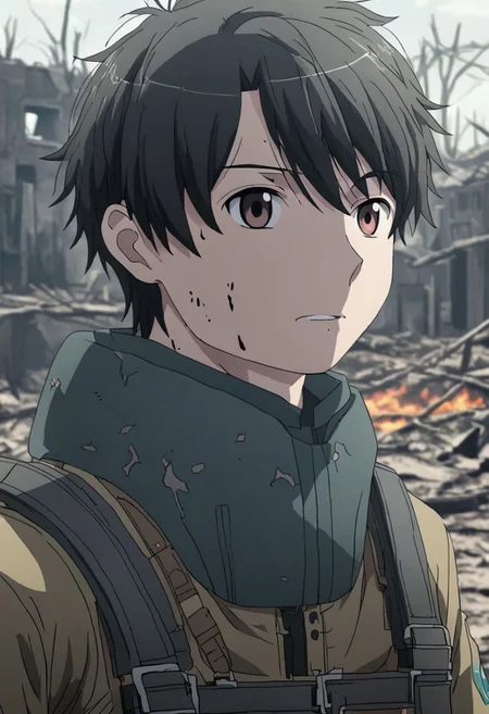 high resolution, solo, best quality, 1Boy, Inaho Kaizuka, Black Hair, Brown Eyes, shallow depth of field, Post-Apocalyptic, survival, OverallDetail