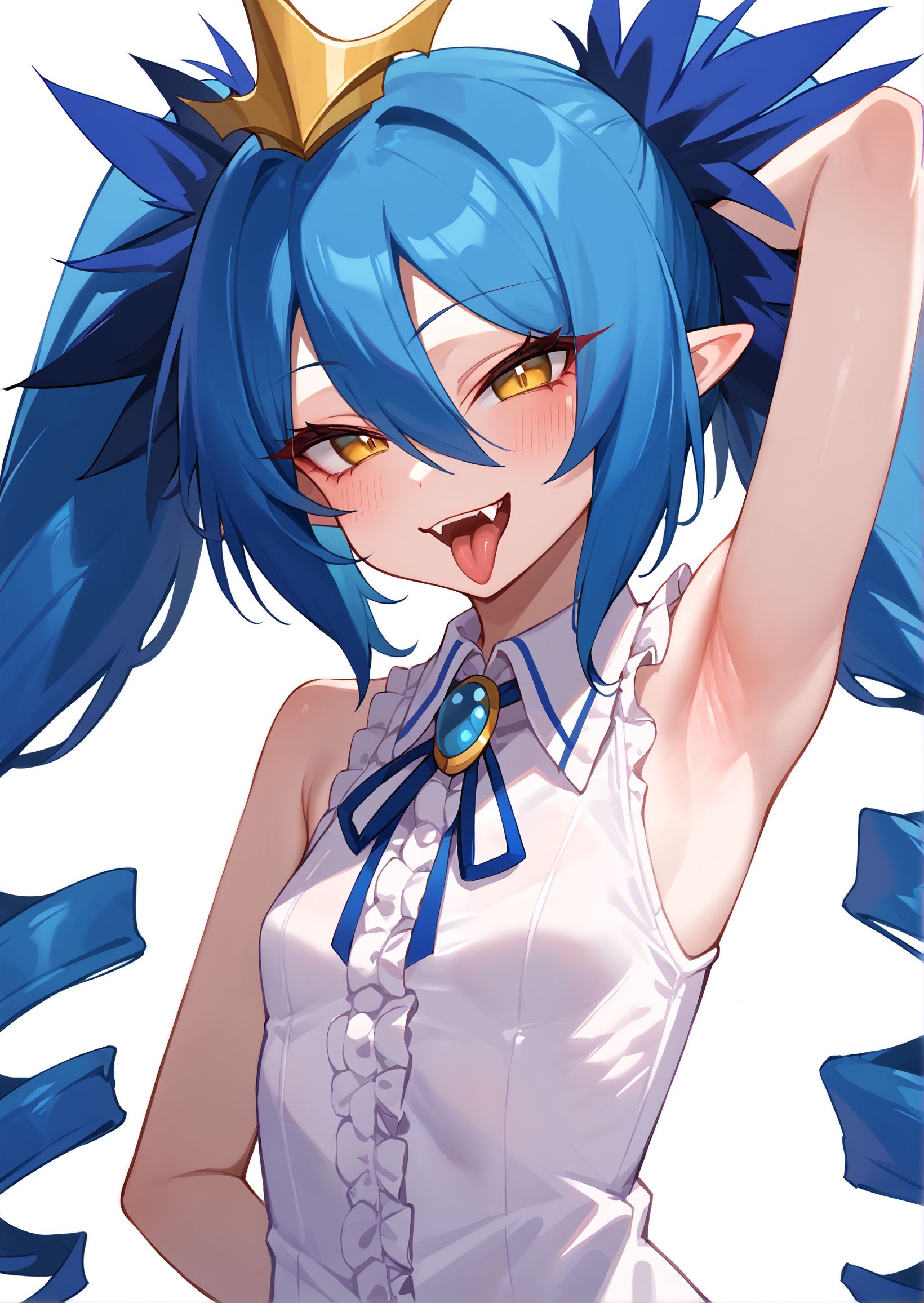 score_9, score_8_up, score_7_up, BREAK, 1girl, lewisia, bangs, blue hair, crown, drill hair, fangs, hair between eyes, long hair, pointy ears, twin drills, twintails, yellow eyes, arm behind head, arm up, armpits, bare shoulders, blush, brooch, center frills, gloves, naughty face, blue neck ribbon, sleeveless shirt, small breasts, tongue out, white shirt, arms behind back, upper body, smile, standing, looking at viewer, solo, simple background, white background <lora:LewisiaXL_byKonan:1>
