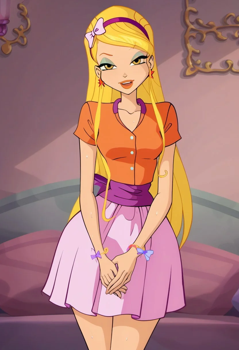 score_9, score_8_up, score_7_up, realistic, realism, HD, perfect quality, 16k, very detailed, realistic lighting, photo, photorealistic, realistic detailed face, BREAK, (((good_hands))), (((perfect eyes, bedroom eyes, (light smile:0.5)))), BREAK, solo, 1girl, (((Winx Club Season 5, Stella, blonde hair, long hair, yellow eyes, blonde hair, orange lips, mint eyeshadow, ))), ((sweaty skin:1.2)), sensual eyes, looking at viewer, nervous, seductive, medium body size, slightly small neck, plumb body, voluptuous hips and thighs, curvy body size, (((medium breasts, wide hips, microwaist, big ass))), nooganugnugs, perfect thighs, perfect legs, anatomically correct, (obese female:-1.0), (plump saggy breasts:0.5), BREAK, 1girl, blonde hair, long hair, dress, hairband, jewelry, high heels, closed eyes, earrings, purple footwear, smile, solo, makeup, very long hair, bracelet, bow, lipstick, open mouth, own hands together