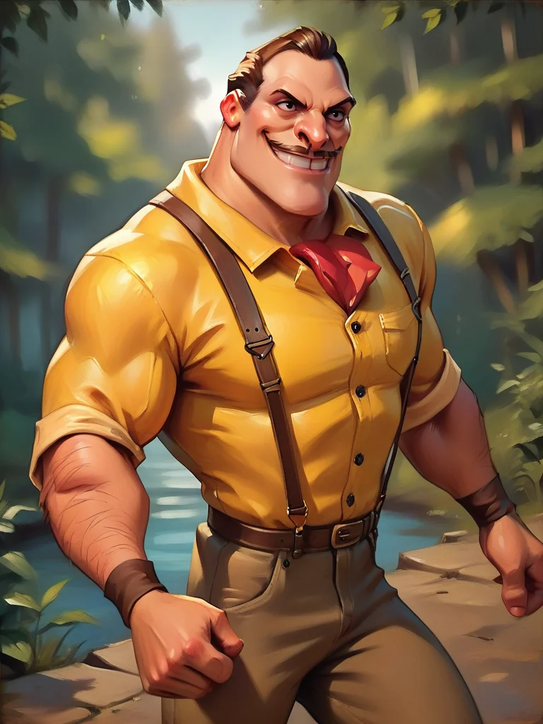 score_9, score_8_up, score_7_up, score_6_up, 1boy, double biceps pose, cowboy shot, (dynamic pose:1.1), dynamic angle, detailed background, forest, from above, solo, from side,
<lora:Clayton_character:1>, ClaytonXLP, arm hair, short hair, black eyes, brown hair, yellow shirt, pants, suspenders, grin, wristband, red ascot, mustache, muscular male, cartoon, <lora:Eldritch Oil Style LoRA_Pony XL v6:0.7> oil painting, traditional media, realistic,,