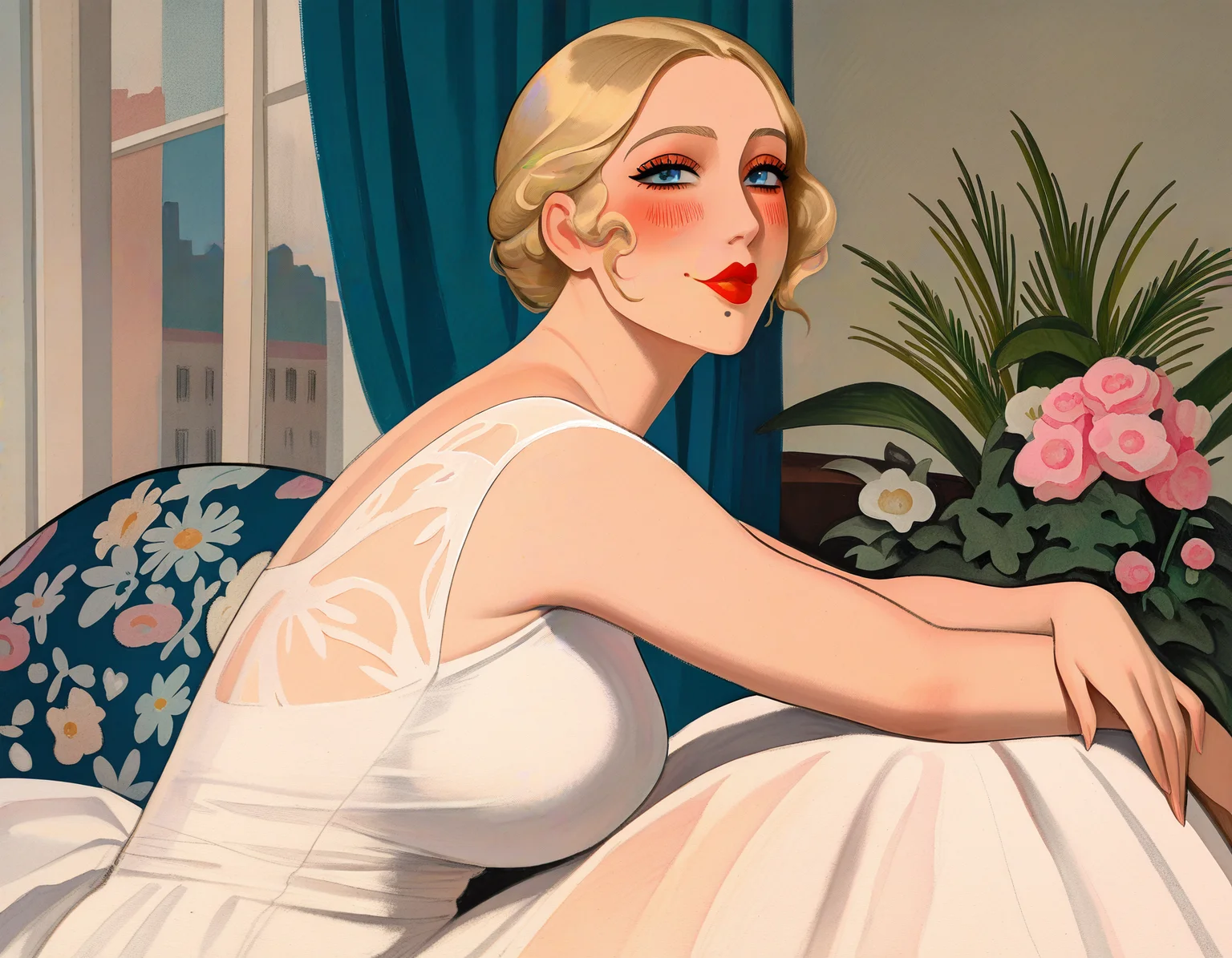 masterpiece, best quality, newest, absurdres, highres, 1girl, flower, solo, dress, blonde hair, curtains, white dress, lipstick, mole, short hair, blush, red lips, makeup, plant, blue eyes, sitting