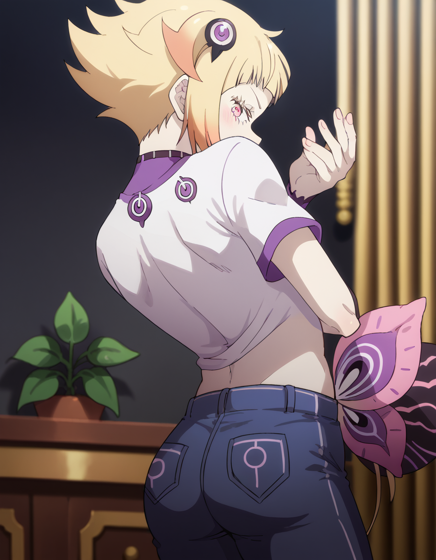 score_9, score_8_up, score_7_up, source_anime, <lora:capella-emerada-lugunica-s3-p1-ponyxl-lora-nochekaiser:1>, capella emerada lugunica, short hair, blonde hair, hair ornament, pink eyes, multicolored hair, gradient hair,, shirt, t-shirt, white shirt, pants, denim pants,, cooling tower, smoke, power, plant, height, smile, <lora:dio-brandos-pose-ponyxl-lora-nochekaiser:1>, dio brandos pose, dio brando's pose (jojo), back, ass, from behind, jojo pose, standing, blush, smile, bed room,, looking at viewer, solo,, dutch angle, cowboy shot