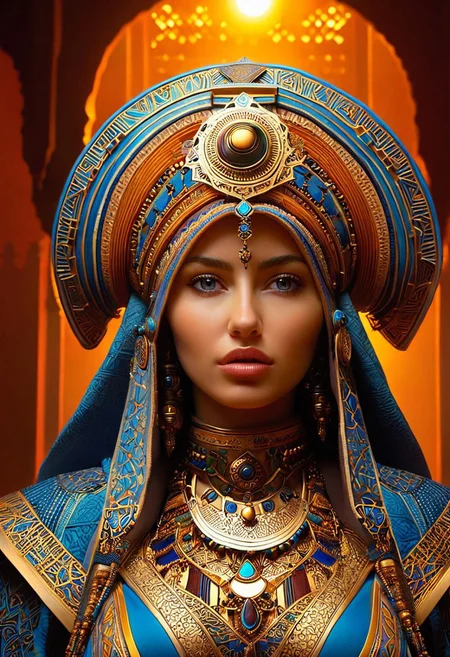 A hyper-realistic depiction of a single woman, focusing on her upper body, adorned in intricate, futuristic fantasy clothing that amalgamates the rich cultural heritage of Morocco and Tunisia, set against a backdrop that blends modern architectural elements with hints of ancient traditions, softly lit with a warm, golden light that accentuates the textures and patterns of her attire, in the style of a detailed digital painting, with a shallow depth of field that emphasizes her facial expression and the elaborate details of her garments.