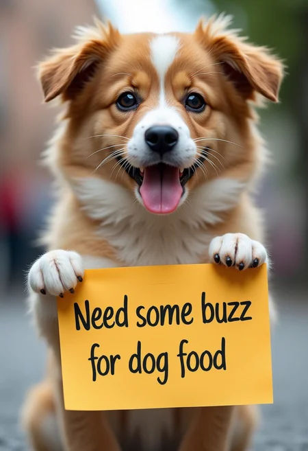 cute dog holding a sign say "need some buzz for dog food"