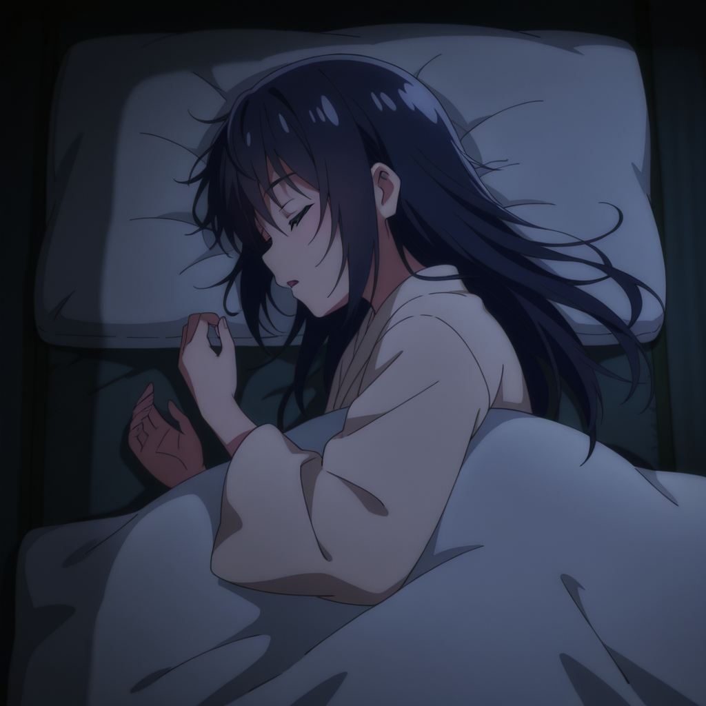 nsfw, masterpiece, best quality, 1girl, solo, seirei_gensouki_sayo, pillow, sleeping, closed eyes, long hair, on side, lying, open mouth, black hair, dark, futon, under covers, long sleeves, blanket, <lora:Sayo_-_Seirei_Gensouki:0.7>
