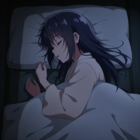 nsfw, masterpiece, best quality, 1girl, solo, seirei_gensouki_sayo, pillow, sleeping, closed eyes, long hair, on side, lying, open mouth, black hair, dark, futon, under covers, long sleeves, blanket, <lora:Sayo_-_Seirei_Gensouki:0.7>