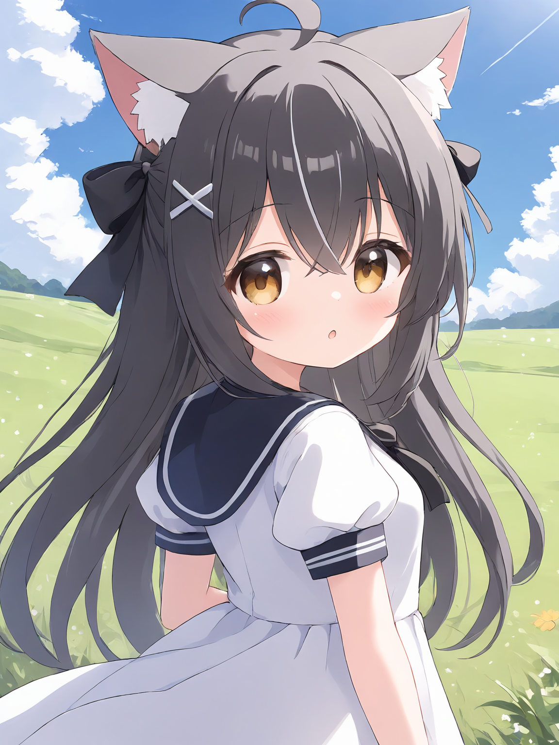 1girl,animal ears,dress,cat ears,solo,tail,white dress,long hair,sailor dress,cat tail,sailor collar,short sleeves,black sailor collar,multicolored hair,cat girl,bow,hair bow,looking at viewer,blush,puffy sleeves,outdoors,puffy short sleeves,hair ornament,animal ear fluff,x hair ornament,streaked hair,very long hair,bangs,black hair,sky,brown eyes,black bow,hair between eyes,cloud,looking to the side,white hair,grey hair,one side up,<lora:Animation illustration style supplementary model-SDXL-Lora-2024.12.30-version1-000043:0.6>,
