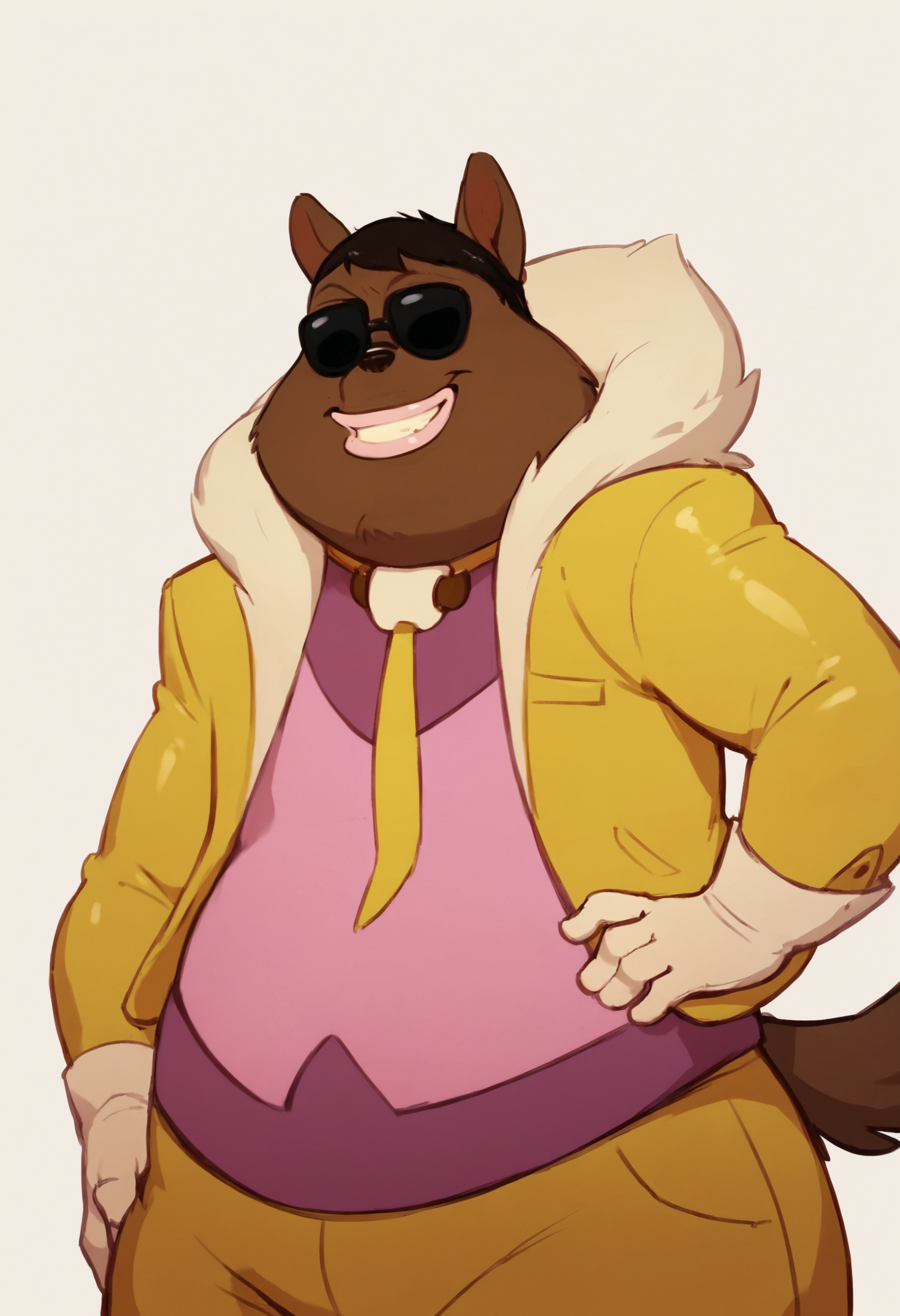 <lora:DofusAnnouncerPony1.2:1> announcer, solo, pink shirt, white gloves, yellow jacket, fur collar, 1boy, necktie, lips, sunglasses, smile, furry male, score_9, score_8_up, score_7_up, score_6_up, score_5_up, score_4_up, looking at viewer, hand on own hip, cowboy shot,(white background:1.2),