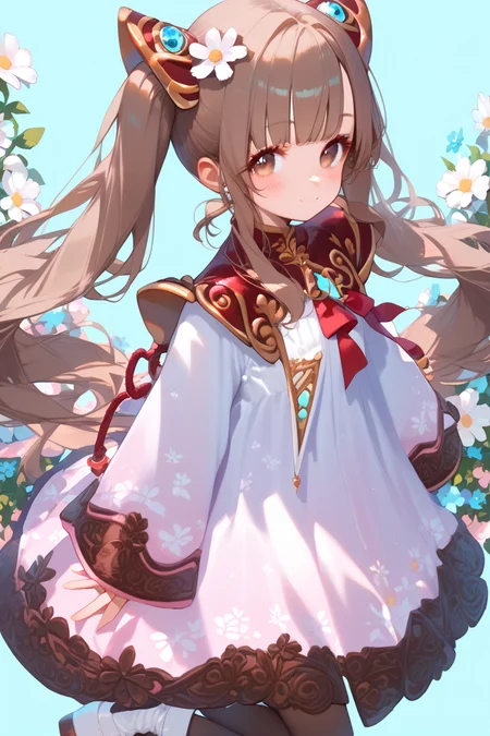 score_9, score_8_up, score_7_up, source_anime,
simple background,
looking at viewer,
cowboy shot, from side,
petite female, flat chest,
blush, light smile, pov, giving a flower, from above,
lymle, brown hair, brown eyes, twintails, very long hair,
dress, long sleeves, pantyhose,
multicolored footwear, white footwear,
<lora:lymleRE_autismConfetti_v01:1>, zPDXL