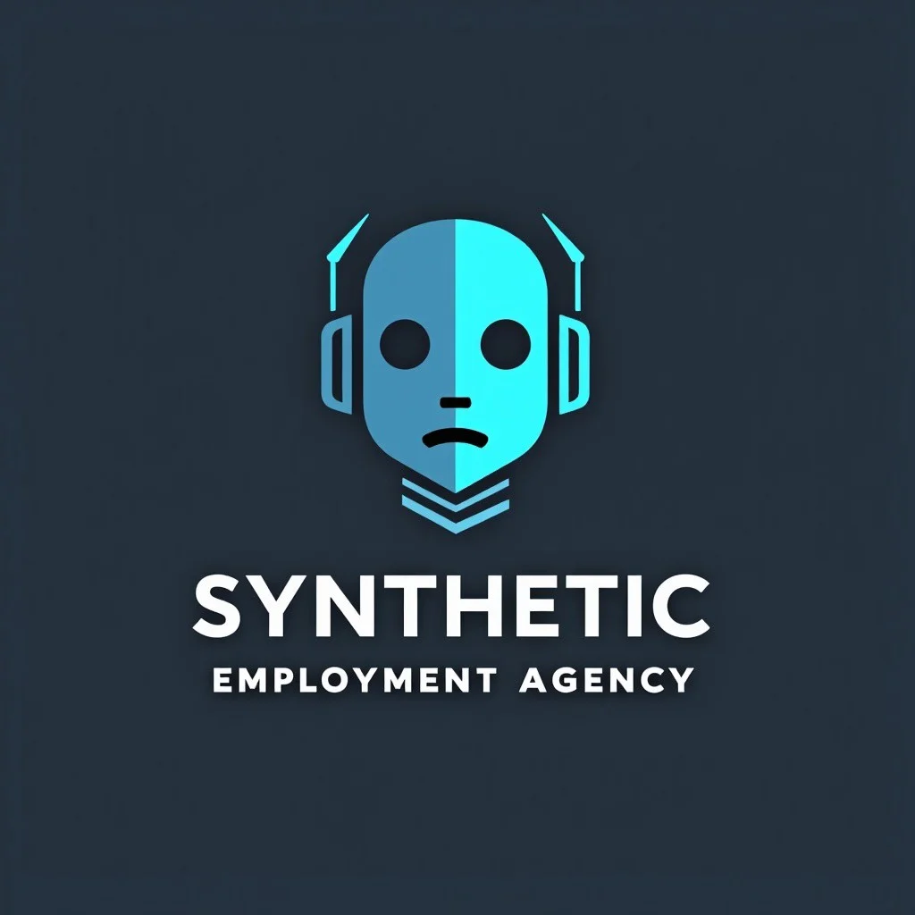modern, clean logo with stylized robot head and a company name: "SYNTHETIC EMPLOYMENT AGENCY"