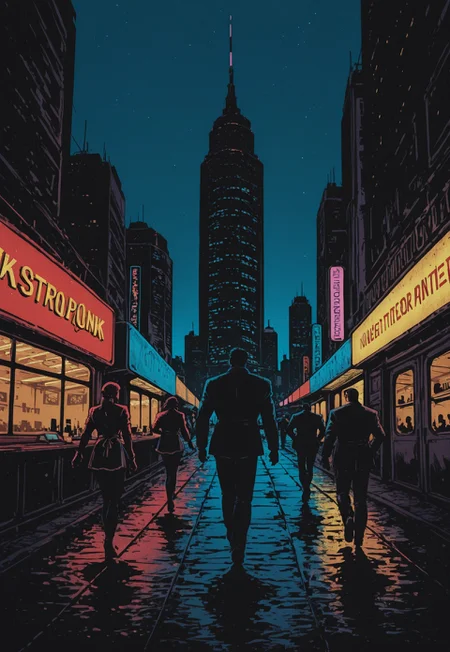 In a neon-lit, futuristic diner, a stoic waitress serves drinks to patrons that include humanoid robots and suited tech-workers. Outside, a skyline dotted with futuristic towers and East Asian signage glows under a deep blue sky. Art style: cyberpunk anime realism with detailed textiles, matte shading, and strong use of magenta-blue neon contrast. Inspired by Ghost in the Shell and Blade Runner. dark_fantasy_illustration, retro comic book artstyle