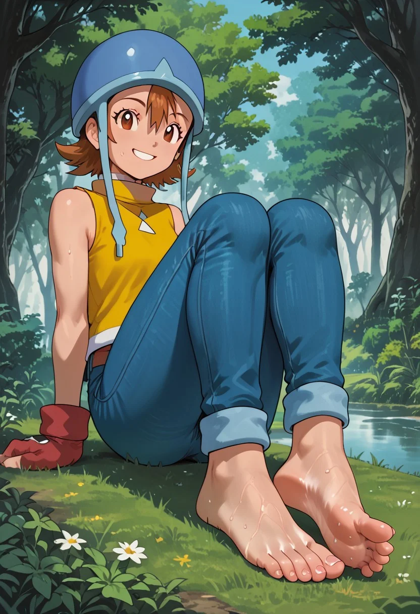 score_9, score_8_up, score_7_up, highres, high quality, digimon, 1girl, sora, short hair, brown eyes, helmet1.5:, blue headwear:1.5, yellow t-shirt, sleeveless, high collar, red gloves, jeans, sitting in the forest, barefoot, presenting feet to viewer, showing soles, sweaty feet, smiling,