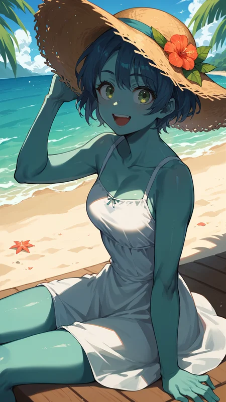 score_9,score_8_up,score_7_up,score_6_up, <lora:xl_more_art-full_v1:0.5>, source_anime, girl, dynamic pose, sitting, <lora:Kaoruko Awata (Bubble Girl) - Pony-000004:0.8>, Bubble Girl, short hair, blue hair, teal skin, light green eyes, white sundress, straw hat, beach, summer, vacation, tropical, happy,