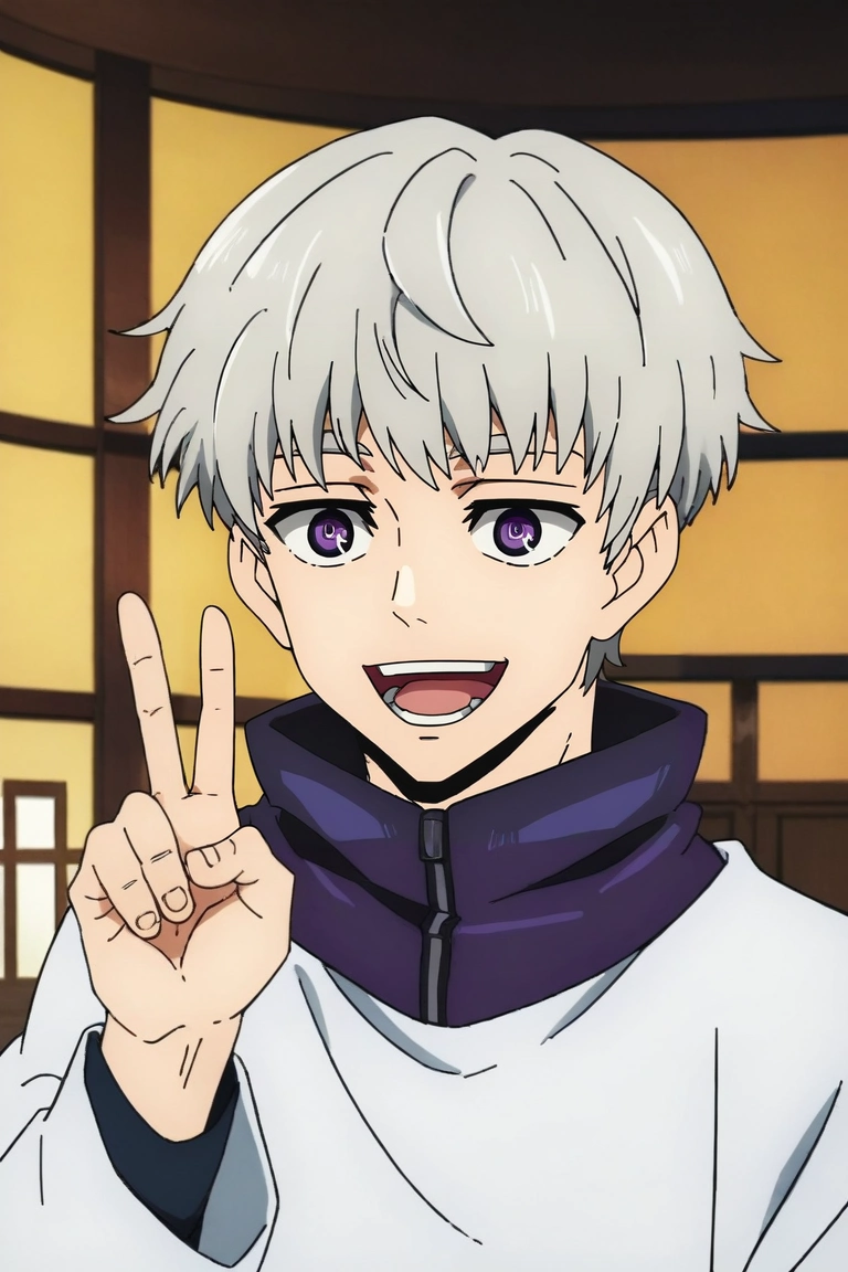 zPDXL, score_9, score_8_up, score_7_up, rating_safe, intricate details, , depth of field, 1boy, male focus, <lora:toge_inumaki_pony:0.70>, toge_inumaki, grey hair, purple eyes, bangs, short hair, solo, focused, floating island, indoors, dark, v, peace sign, laughing, <lora:kami_no_tou_style_pony:1.06>, kami_no_tou_style, , <lora:sdxl_lightning_8step_lora:1>