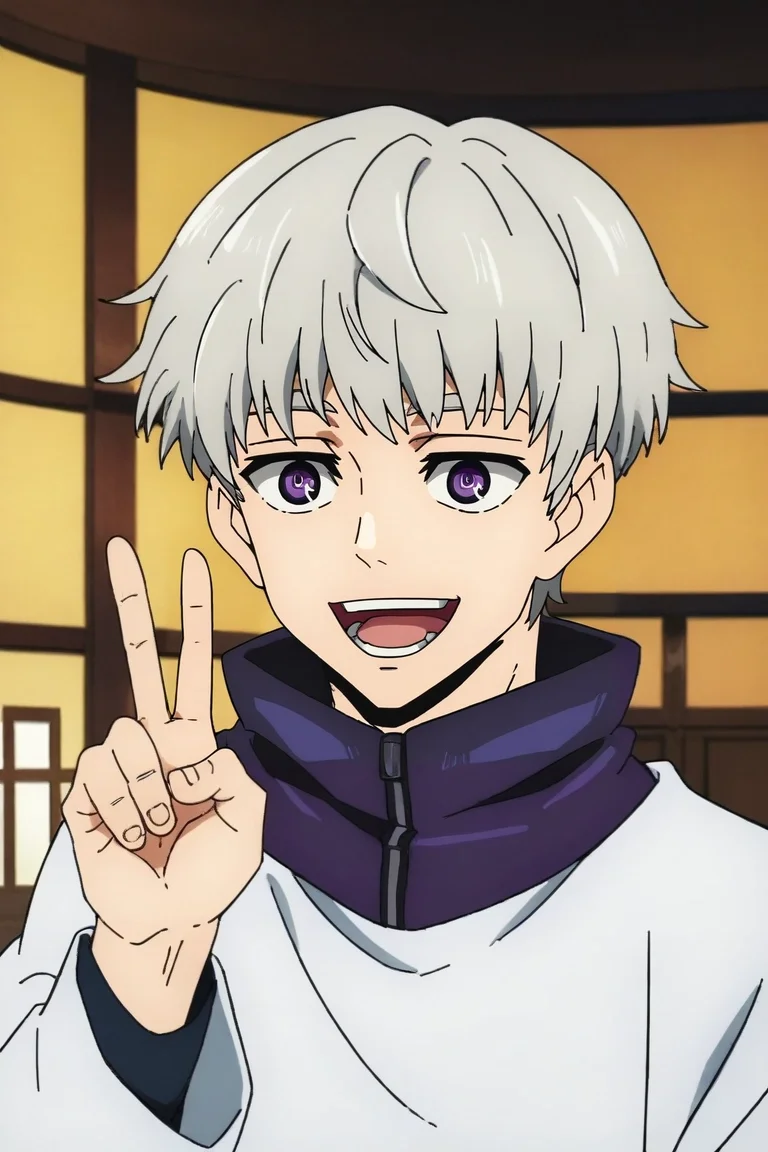 zPDXL, score_9, score_8_up, score_7_up, rating_safe, intricate details, , depth of field, 1boy, male focus, <lora:toge_inumaki_pony:0.70>, toge_inumaki, grey hair, purple eyes, bangs, short hair, solo, focused, floating island, indoors, dark, v, peace sign, laughing, <lora:kami_no_tou_style_pony:1.06>, kami_no_tou_style, , <lora:sdxl_lightning_8step_lora:1>