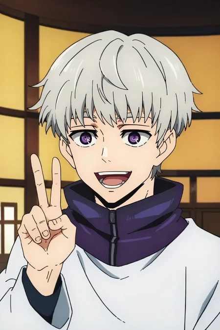 zPDXL, score_9, score_8_up, score_7_up, rating_safe, intricate details, , depth of field, 1boy, male focus, <lora:toge_inumaki_pony:0.70>, toge_inumaki, grey hair, purple eyes, bangs, short hair, solo, focused, floating island, indoors, dark, v, peace sign, laughing, <lora:kami_no_tou_style_pony:1.06>, kami_no_tou_style, , <lora:sdxl_lightning_8step_lora:1>