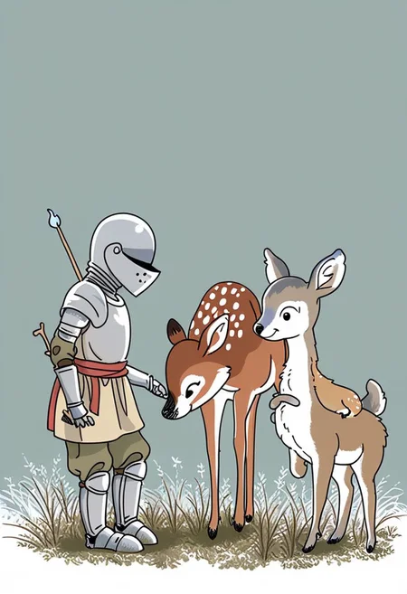 score_9, 1 child, knight, playing, war, squirrels, fawn