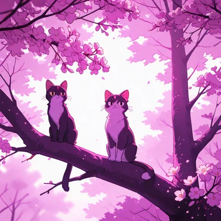 A monochromatic, black-and-white photograph of two cats sitting on a tree branch, facing each other in an intimate and harmonious pose. The left cat is black, while the right cat is white, creating a striking contrast. They are surrounded by delicate, blooming branches with small flowers, adding a serene and romantic atmosphere. The background is softly blurred, focusing the viewer's attention on the cats and their interaction. The lighting is soft, emphasizing the texture of their fur and the gentle ambiance of the scene.
<lora:Anime v1.3:1.2> <lora:Blue_Future:0.9> <lora:Ethereal Brush Anime v2.0:0.6> <lora:It's a LoRA for portraits, BUT! actually specialized in backgrounds. v1.0:0.2>
,blue sphere on background
