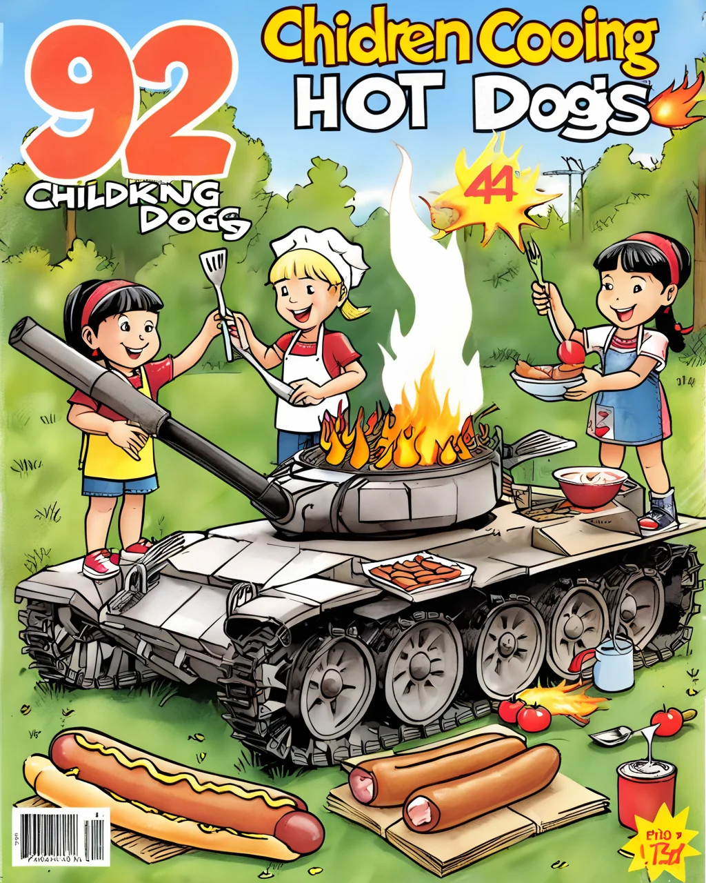 a magazine cover of children cooking hot dogs on a (miniature) burning vtnktnk tank <lora:vtnktnk_SDXL_v1_32-000015:1> <lora:retr0magz_SDXL_v1_32:0.4> <lora:M0nstrcrz_SDXL_v1_32:0.4>