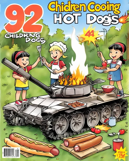 a magazine cover of children cooking hot dogs on a (miniature) burning vtnktnk tank <lora:vtnktnk_SDXL_v1_32-000015:1> <lora:retr0magz_SDXL_v1_32:0.4> <lora:M0nstrcrz_SDXL_v1_32:0.4>