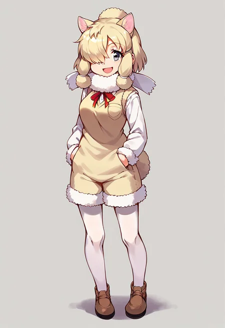 1girl, solo, best quality, ultra-detailed, extremely detailed, perfect anatomy, masterpiece, score_9, score_8_up, score_7_up, alpaca suri (kemono friends), alpaca ears, hair over one eye, bangs, blonde hair, grey eyes, sidelocks, hair tubes, hair bun, tail, short hair, horizontal pupils, fur scarf, white pantyhose, long sleeves, fur collar, fur trim, neck ribbon, white shirt, sweater vest, shorts, pantyhose, breast pocket, fur-trimmed sleeves, shoes, simple background, standing, open mouth smile, staring at viewer, cute, full body, dutch angle, posing,