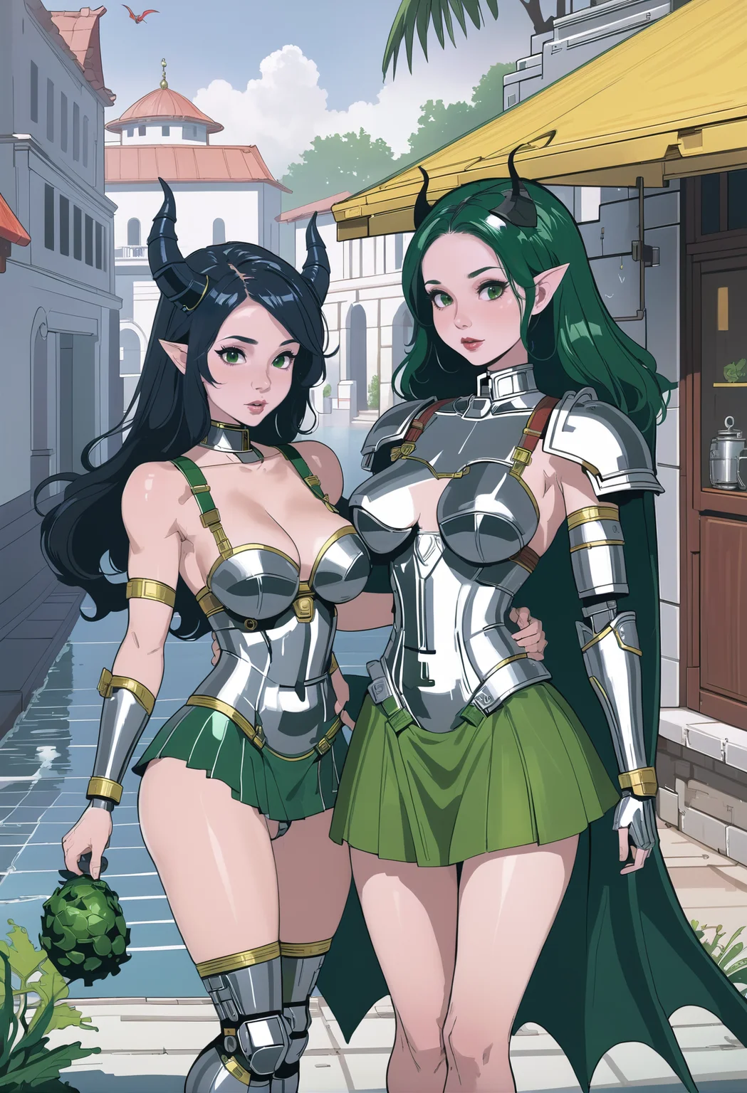 2girls, (seaweed succubus:1.3), (in a tropical, Roman European town:1.3), (full body:1.4), pose, [:wild, sexy costume design:0.2], (from above:1.45), small breasts, athletic slim perfect hourglass figure,(muscular legs:0.25), , ((power armor, skirt lift:1.2):1.2), chinese
