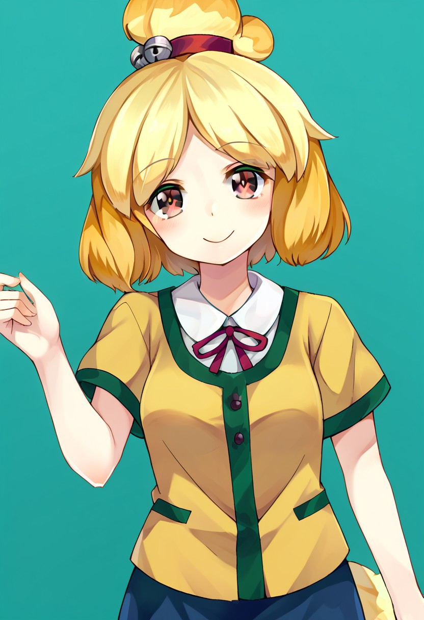score_9, score_8, score_7, source_anime, shizue isabelle, 1girl, solo, blush, topknot, looking at viewer, shirt, smile, skirt, hair bell, short sleeves