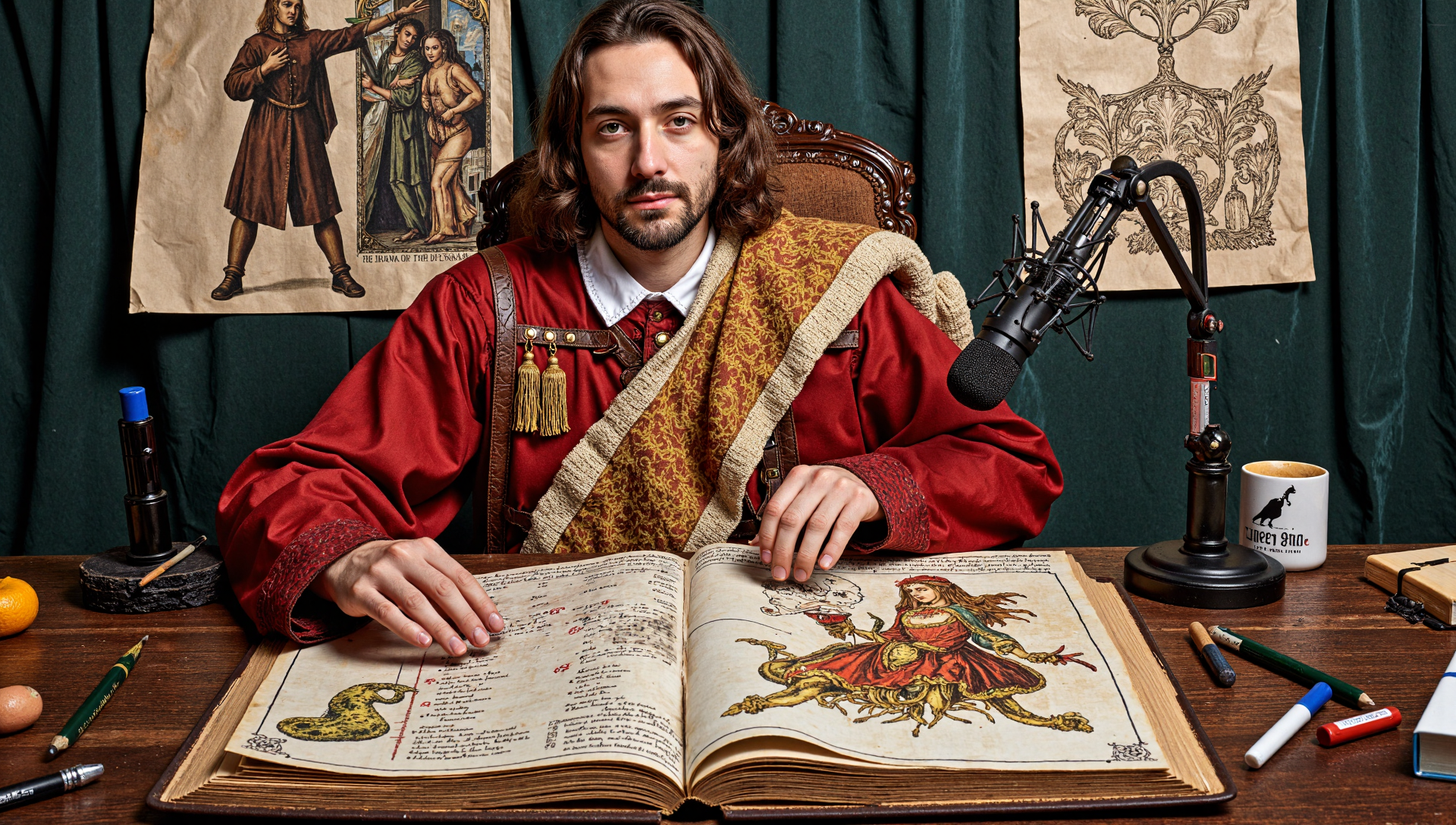 leonardo davinci and a plague doctor hosting a podcast, intricate, highly detailed, comic book and renaissance art style, 4 k, concept art, table with microphones