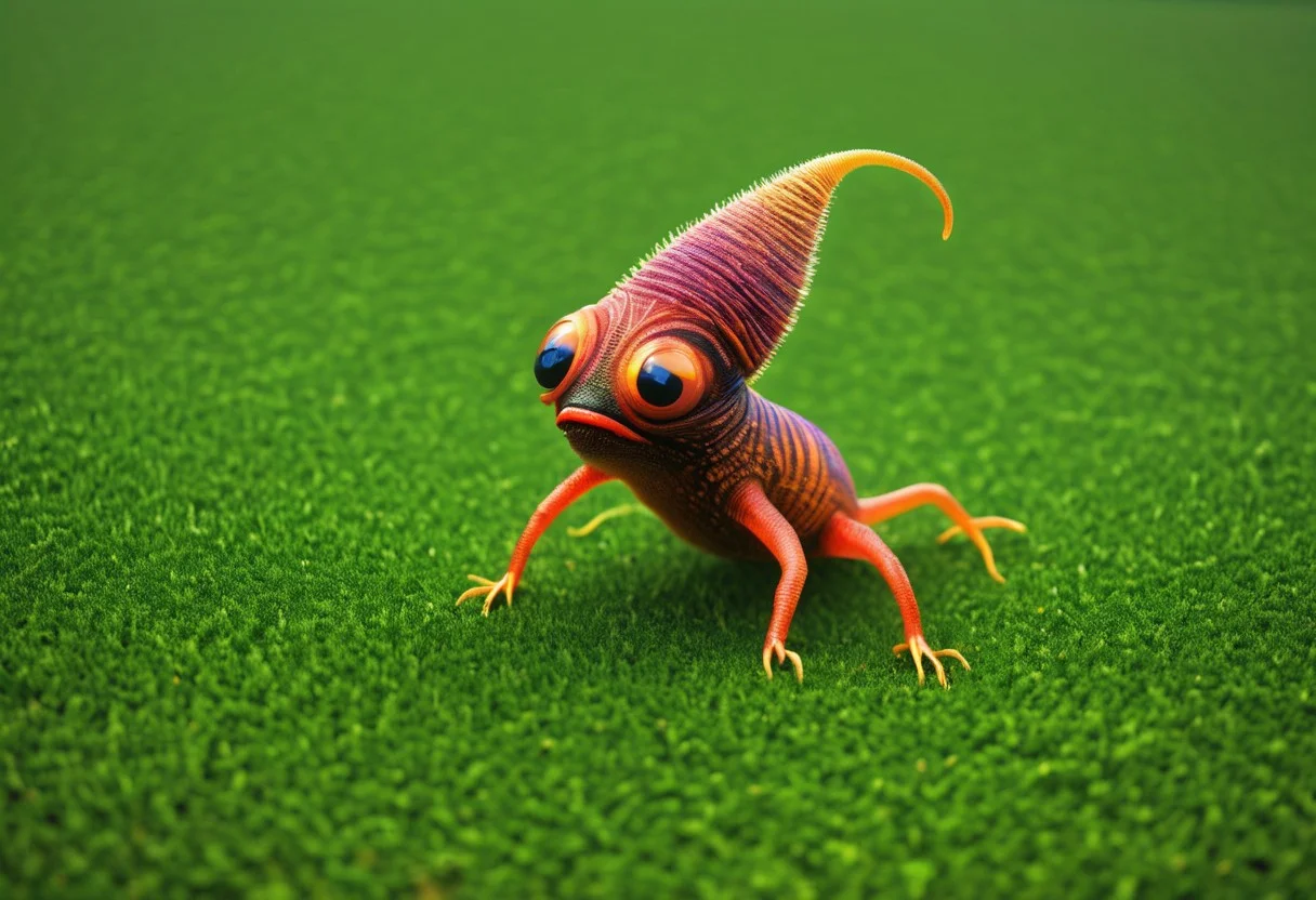 a colourful strange little creature is moving through vast green plains.