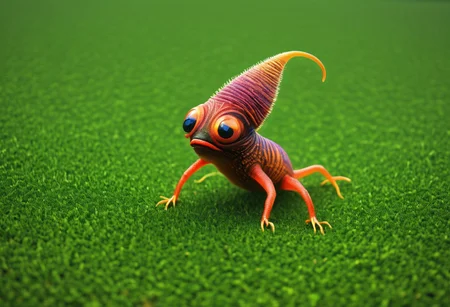 a colourful strange little creature is moving through vast green plains.
