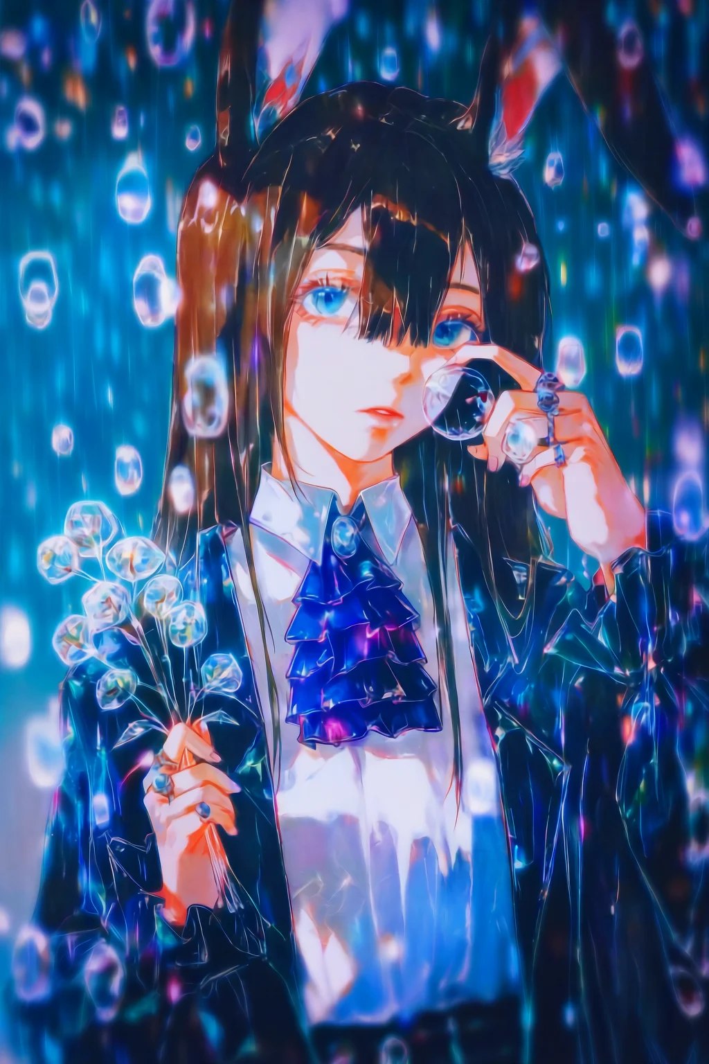 (artist:jhon_kafka),yogisya,z3zz4,artist:dino_(dinoartforame)
amiya (arknights),1girl, solo, animal ears, brown hair, blue eyes, rabbit ears, flower, holding, long hair, parted lips, upper body, looking at viewer, ring, ascot, jacket, blue ascot, multiple rings, hair between eyes, open clothes, white shirt, jewelry, white flower, holding flower, open jacket, shirt, weibo username, long sleeves, purple ascot, hand up
best quality, amazing quality, very aesthetic, newest, highres, absurdres, sensitive