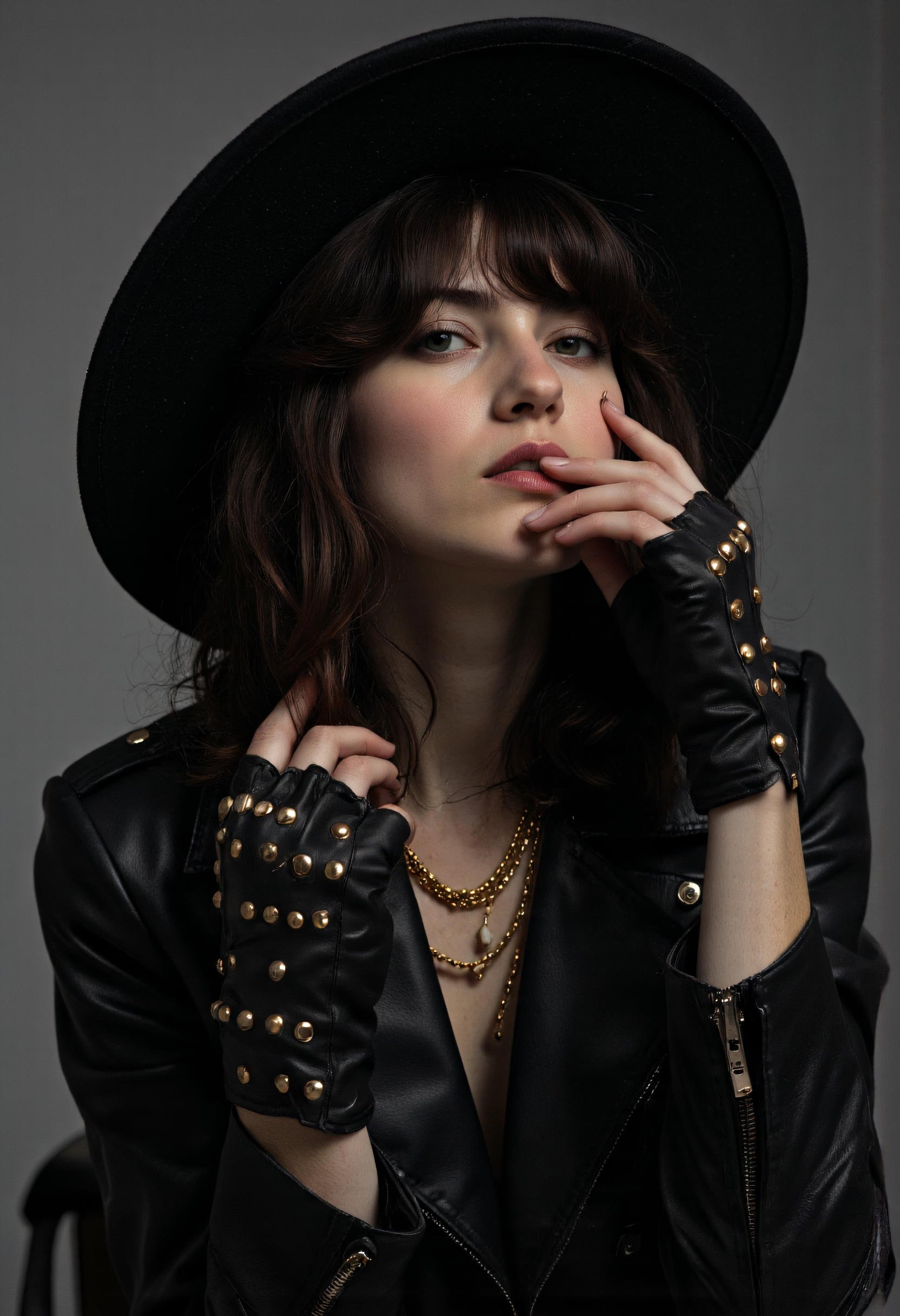 A close-up dramatic portrait photo of a woman with dark, tousled hair wearing a wide-brimmed black hat and a black leather jacket, adorned with gold necklaces and fingerless studded gloves, leaning forward with a thoughtful expression, set against a muted grey background, in the style of yousuf-karsh, ultra-detailed, high contrast, cinematic lighting, evocative and timeless, studio portrait, realistic skin texture, intricate leather and fabric details, 8k resolution.