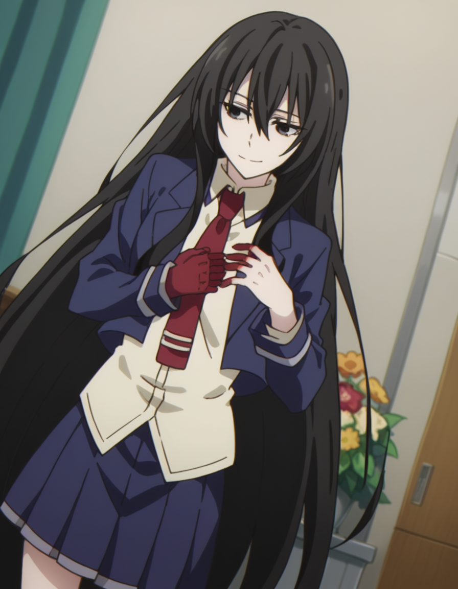 score_9, score_8_up, score_7_up, source_anime, <lora:kirukiru-amou-s1-ponyxl-lora-nochekaiser:1>, kirukiru amou, long hair, black hair, very long hair, black eyes, hair between eyes,, skirt, school uniform, jacket, necktie, blue skirt, blazer, red necktie,, hospital room, bedside, get well flowers, comforting, quiet, smile, , arm across chest, knee forward, hand clenched, solo,, cowboy shot, dutch angle