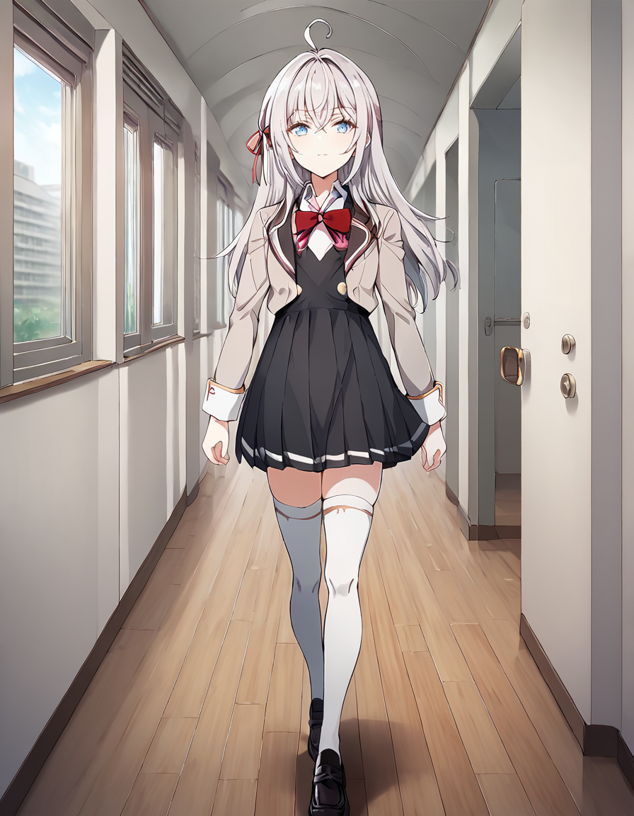 score_9, score_8_up, score_7_up, source_anime,
1girl, looking at viewer, indoors, school, hallway, windows, doors, arms at sides, walking,
alya, long hair, silver hair, ahoge, crossed bangs, hair ribbon, red ribbon, sidelocks, blue eyes,
school uniform, grey jacket, open jacket, long sleeves, white cuff, red bow, white shirt, collared shirt, black vest, buttons,  black dress, white thighhighs, black loafers,
<lora:alya_anime_v2-soralz:1>