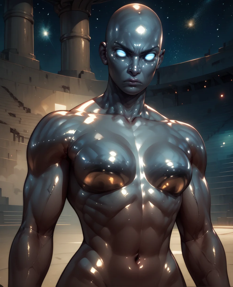 score_9,score_8_up,score_7_up,score_6_up,
duralxl,bald,shiny skin,no pupils,chrome skin,navel, serious,
standing, clenched hand,
night,stars,arena,solo,solo,<lora:dural:0.9>,