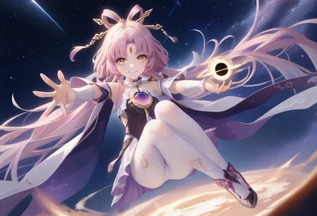 score_9,score_8_up,score_7_up,score_6_up, masterpiece:1.2, absurdres, fuxuan, white pantyhose, high heels, smile, cosmos above, majestic, anatomically correct, sea of clouds with blue and golden mist background, cosmic background, reaching hands out, holding black hole, black hole in hands,
above the clouds,
golden sparkles, golden stars,
