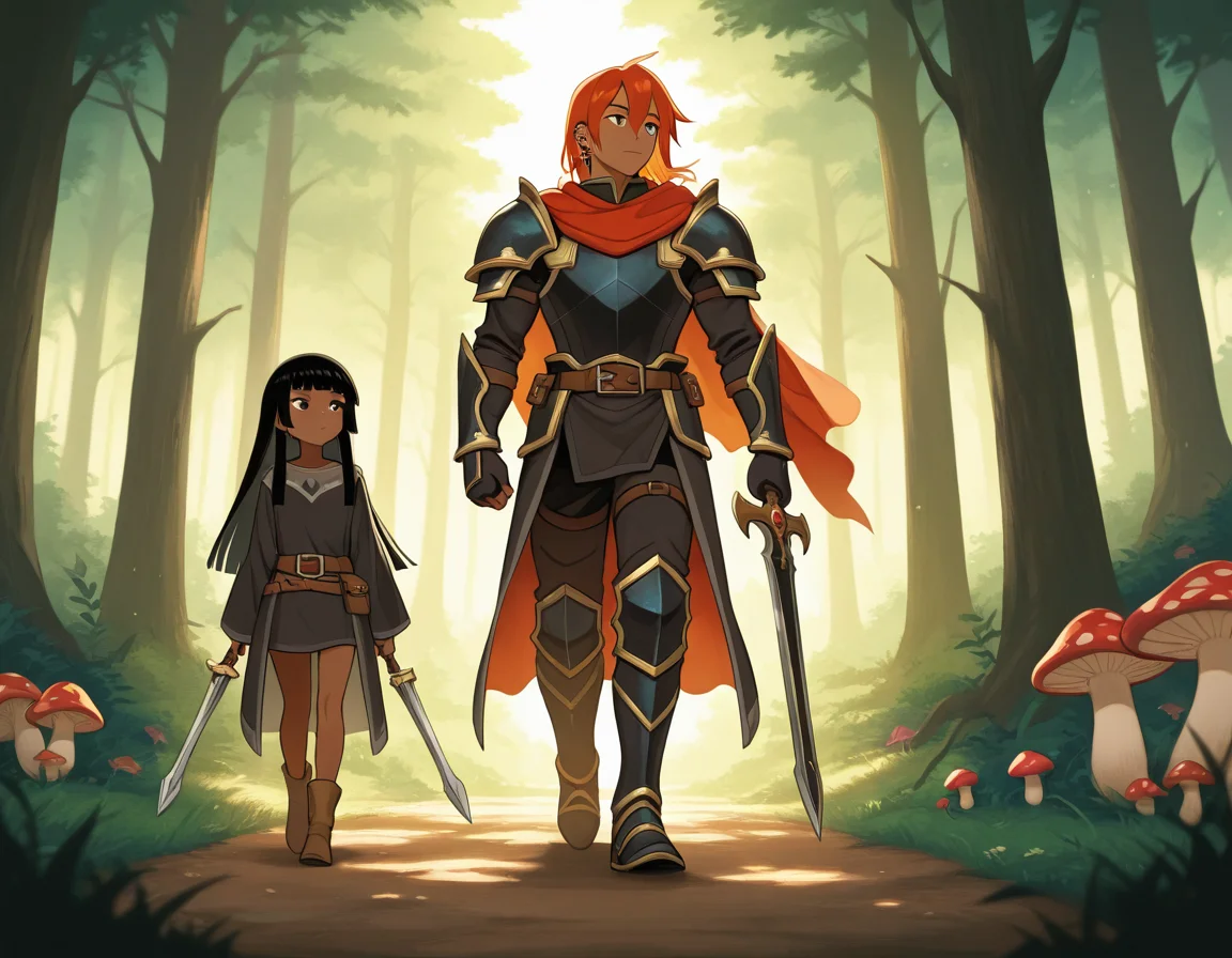 , 1boy, 1girl,  short  random color hime cut hair , piercings , dark skin tone , , adventures, holding fantasy weapons, fantasy armor, walking, closed mouth , Three-quarter view  , mushroom forest,  (expressive energetic ), short cartoony simplistic,   aijalon
 masterpiece, best quality, very aesthetic, absurdres <lora:Aijalon Anitoon_epoch_7:0.1>