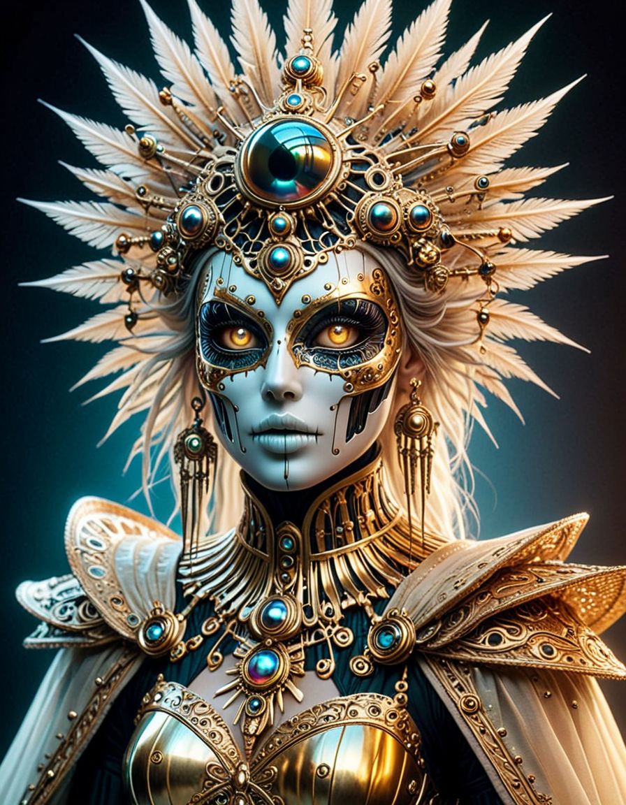 hyperrealistic art breathtaking helios,psy,DARK Sci-fi rococo Style - Adorned in a mask and cape reminiscent of D'Artagnan's era, a skilled cyborg knightess resembling the girl with the pearl earrings, weathered gold and wooden armor sun-bleached, her eyes gleaming with triumph. holding a radiant translucent glowing surreal beige orbstaff, adorned with a towering neon translucente sss sedge hat veiling her face, her metallic intricacies faintly aglow in translucent dark bleaked neon,
creating a hyperpunk scene with desaturated dark rgb spectral neon and translucent black details, colorful (polaroid:0.7) with vibrant colors, (vacations, high resolution:1.3), (small, selective focus, european film:1.2), (sexual advance:1.1), closeup
 <lora:helios2:1> . award-winning, professional, highly detailed . extremely high-resolution details, photographic, realism pushed to extreme, fine texture, incredibly lifelike