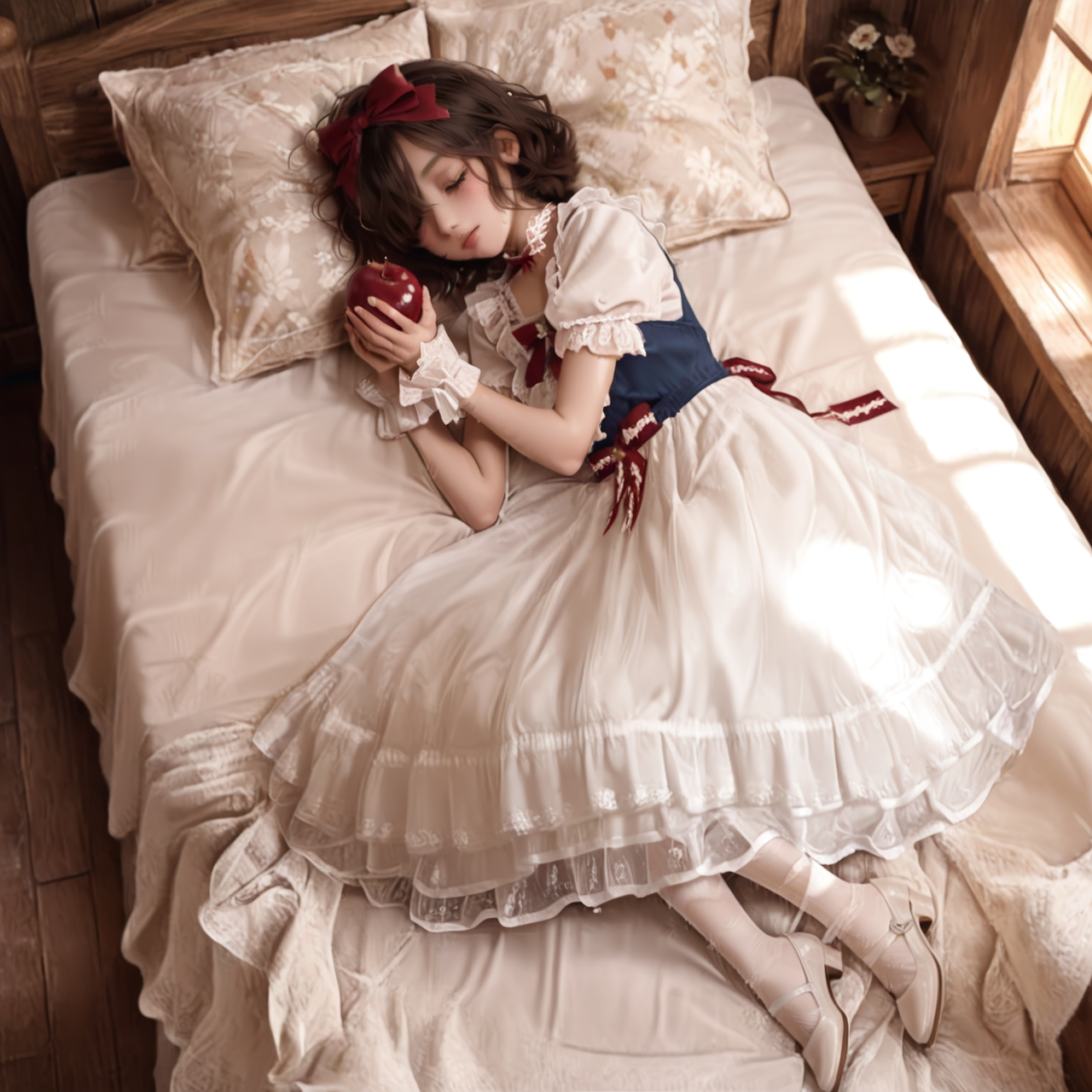 Positive: Masterpiece, best quality, amazing quality, very aesthetic, high resolution, ultra-detailed, absurdres,
1girl, solo, 
Mirakin,
brown hair,short hair,closed_eyes, 
hair over one eye,
blue top white skirt red accented lace bow dress,
blue vest,white dress,red bow,puffy short sleeves,frilled dress,lace trim,apron,wrist cuffs,choker,lace,frills,
hair bow,
white pumps with bow,white_pantyhose, 
full_body,Lying on side,holding an apple,Apples that have been eaten，from_above, 
Woodland cabin, antique bed, natural lighting, earthy palette, misty atmosphere, floral textures, cozy interior, rustic charm, soft diffusion,
