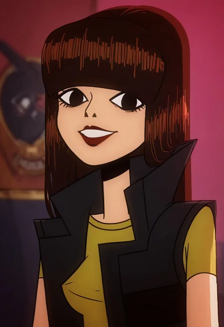 julie, 1girl, bangs, solo, blunt bangs, shirt, vest, lipstick, yellow shirt, black eyes, makeup, long hair, brown hair, black hair, smile, bob cut,upperbody, portrait, looking at viewer,, masterpiece, best quality, amazing quality, very aesthetic, absurdres