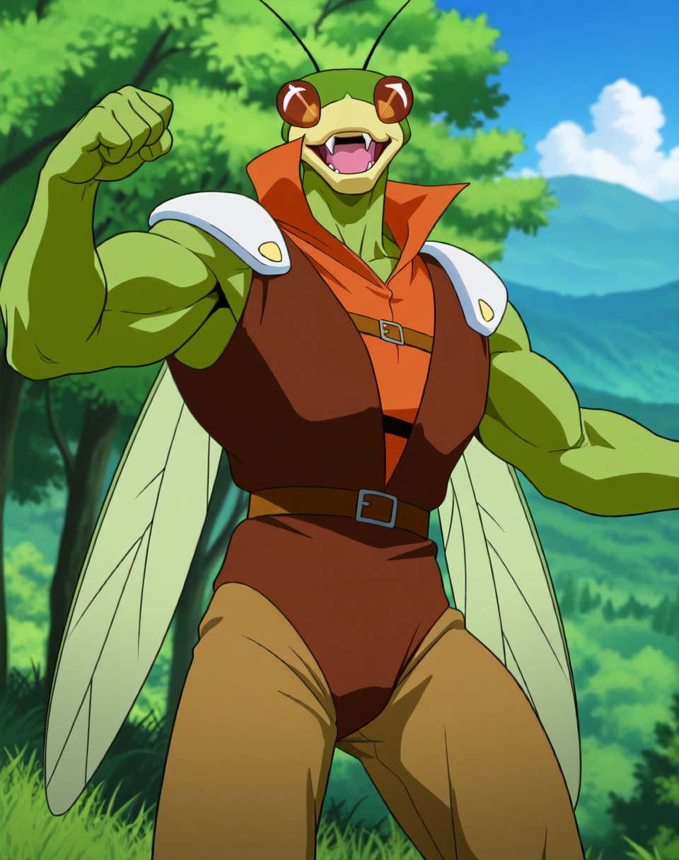 <lora:Katris_(Shinzo)_(Illustrious)_(AD):1> Katris, mantis, Shinzo, 
((
exterior, vivid anime blue sky with detailed clouds, forest, mountains, valley, tree cover, bent leg, cowboy shot, 
dynamic action, insect anthro, male focus, strong warrior, manly, bounty hunter villain, green body, manly body, bent arm, flex, mocking smile, muscle flex, muscle pose, leather villain outfit, 
)),
BREAK: very awe, aesthetically pleasing, masterpiece, best quality, amazing quality, very aesthetic, perfect depth of field shot, gradient coloring, subsurface reflections, 3d rendering, vivid colors, photographic realism, 
masterpiece, best quality, amazing quality, very aesthetic, high resolution, ultra-detailed, absurdres, newest, scenery, {Prompt}, BREAK, detailed background, volumetric lighting,
BREAK: lazympos, lazypos (3),