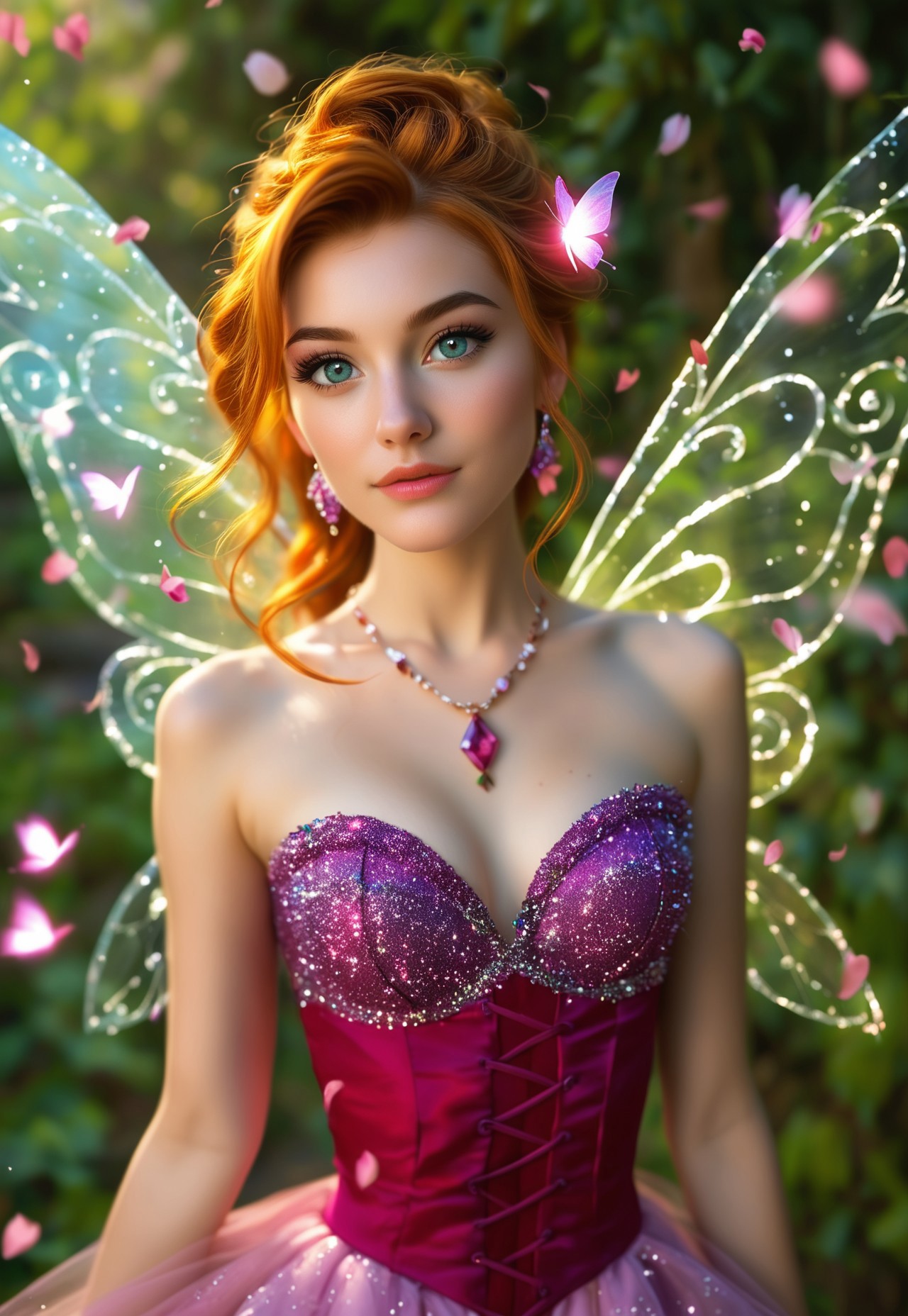 A radiant fairy with delicate, translucent wings that shimmer like diamond dust, and hair the color of lavender, softly curling around her face. Her skin is a soft, pearlescent pink, glowing with an inner light. Her eyes are a brilliant amethyst, sparkling with magic and joy. Arched, delicate eyebrows complement her playful expression. Her nose is small and slightly upturned, adding to her charming appearance. Her lips are full and rosy, slightly parted as if whispering enchantments. Her slender shoulders are bare, revealing intricate, glowing tattoos of flowers and vines. Her chest is adorned with a necklace of tiny, glowing crystals, highlighting her ethereal beauty. Her abdomen is lean and graceful, leading to a tiny waist. Her lower body is draped in a flowing, iridescent skirt made of petals, dancing with every movement, revealing her lithe form. She stands in a magical garden, surrounded by blooming flowers and glowing butterflies, the air filled with the sweet scent of blossoms. Sunlight filters through the petals, casting a radiant glow on her enchanting features. Her eyes are wide open, marveling at the wonders around her, her expression full of delight and curiosity. A radiant fairy in a magical garden.
(enchanted fairy, upper body, fully clothed)
<lora:add-detail-xl:1>

